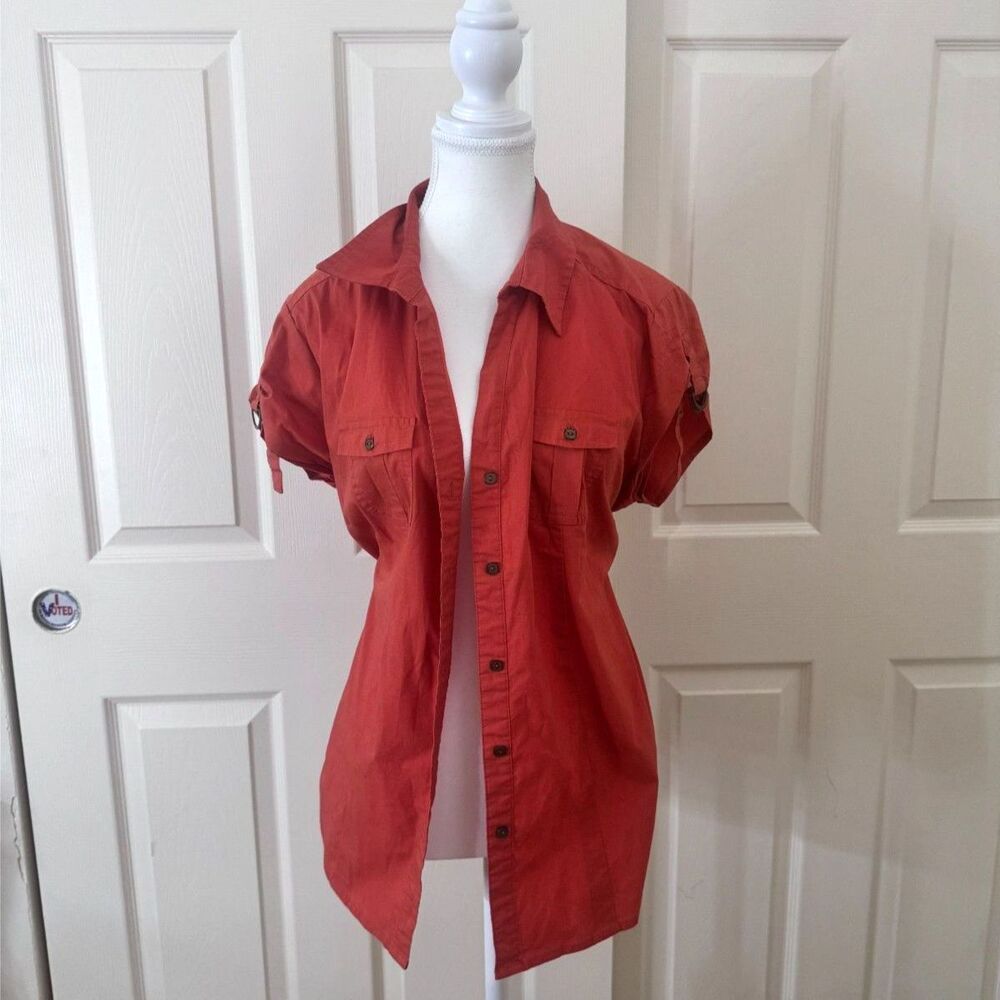 Orange Short Sleeve Button Down Blouse - Medium